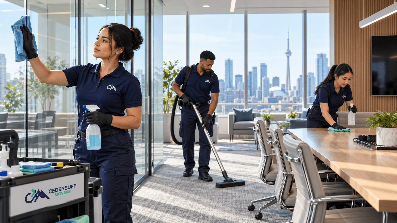 CEDERSUFF team cleaning a downtown Toronto office with skyline views