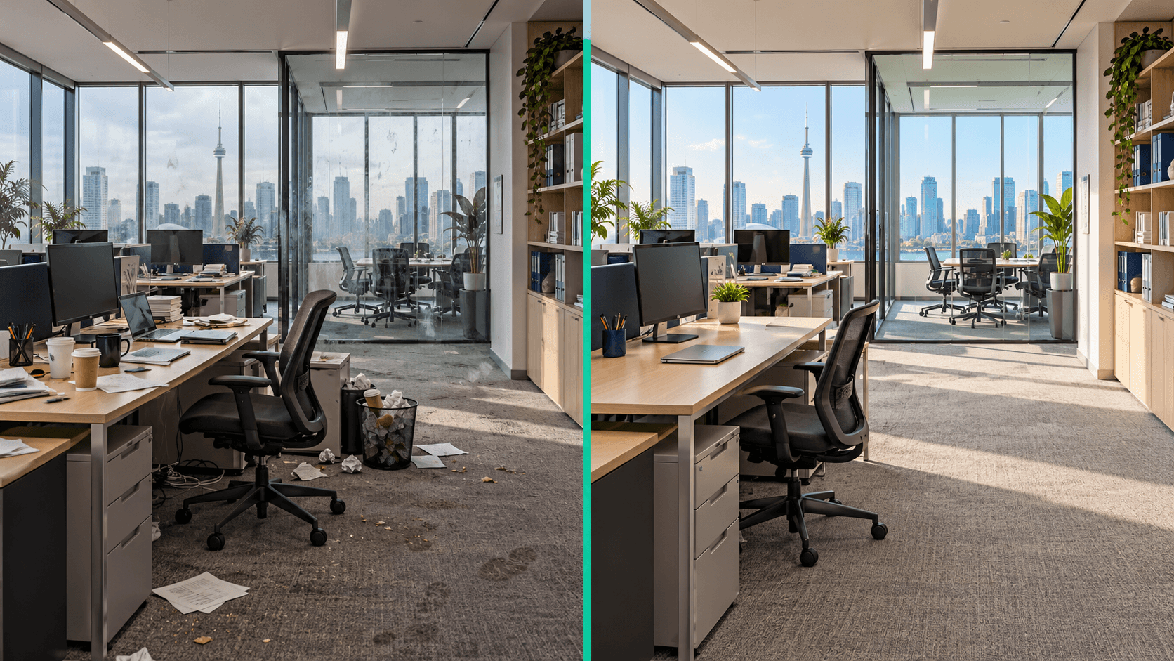 Before and after: a messy office floor next to the same space after a CEDERSUFF clean