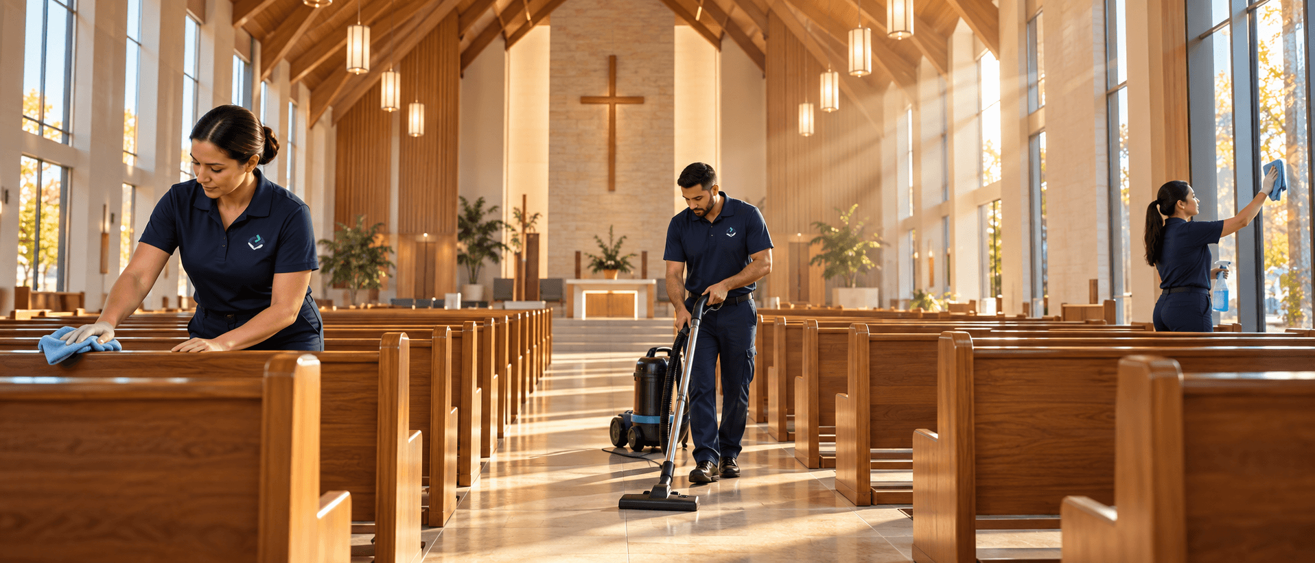 CEDERSUFF cleaning team cleaning pews and floors in a church sanctuary