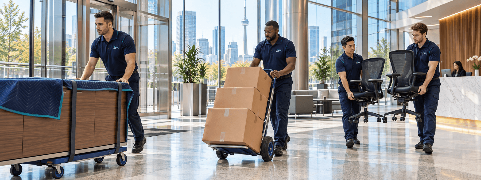 CEDERSUFF movers moving boxes and office chairs through a corporate lobby