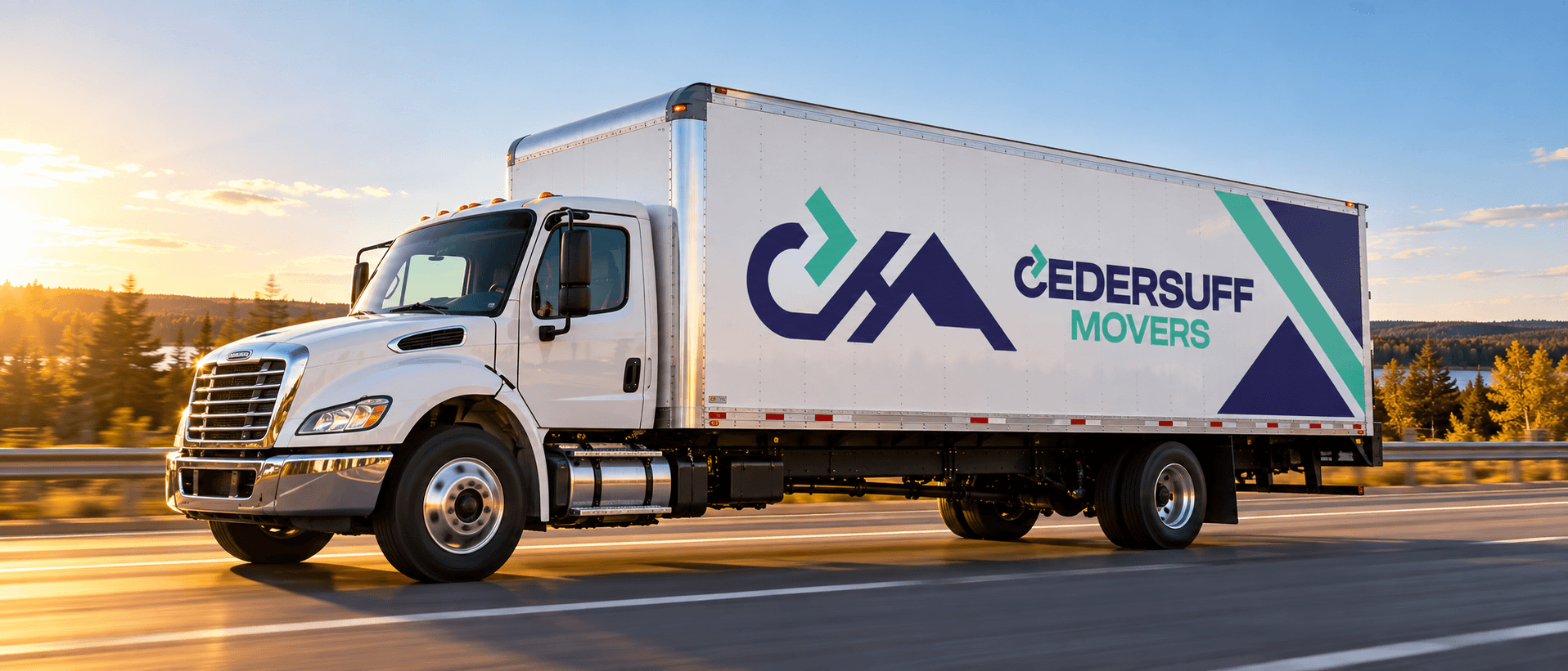 CEDERSUFF Movers truck driving on an Ontario highway at sunrise
