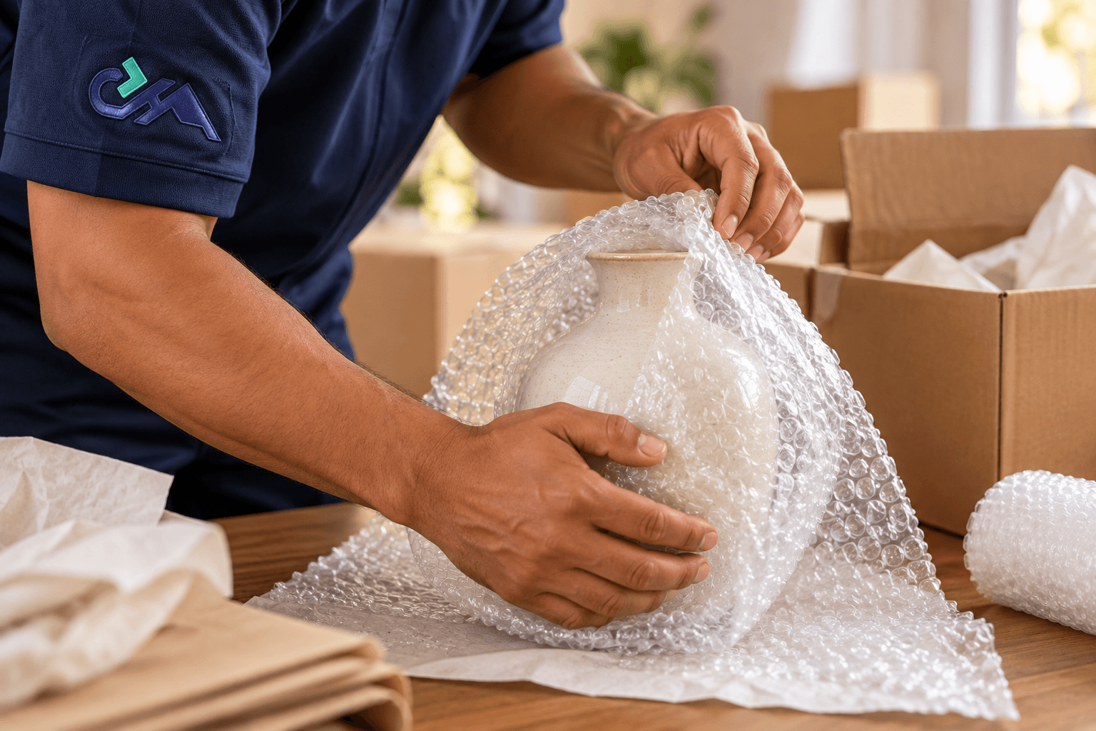 A CEDERSUFF team member wrapping a ceramic vase in bubble wrap