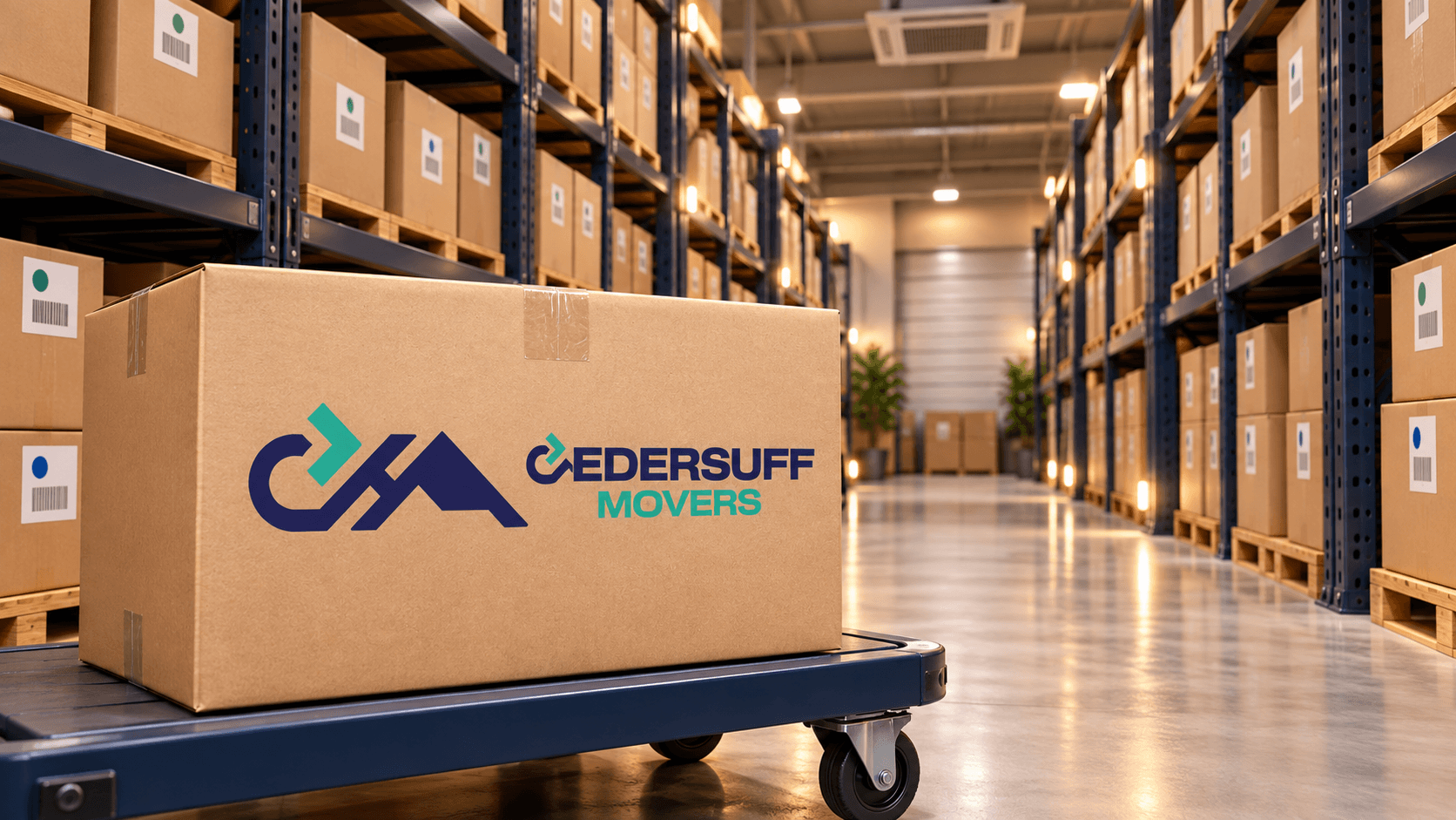 CEDERSUFF branded box on a dolly in a clean storage warehouse
