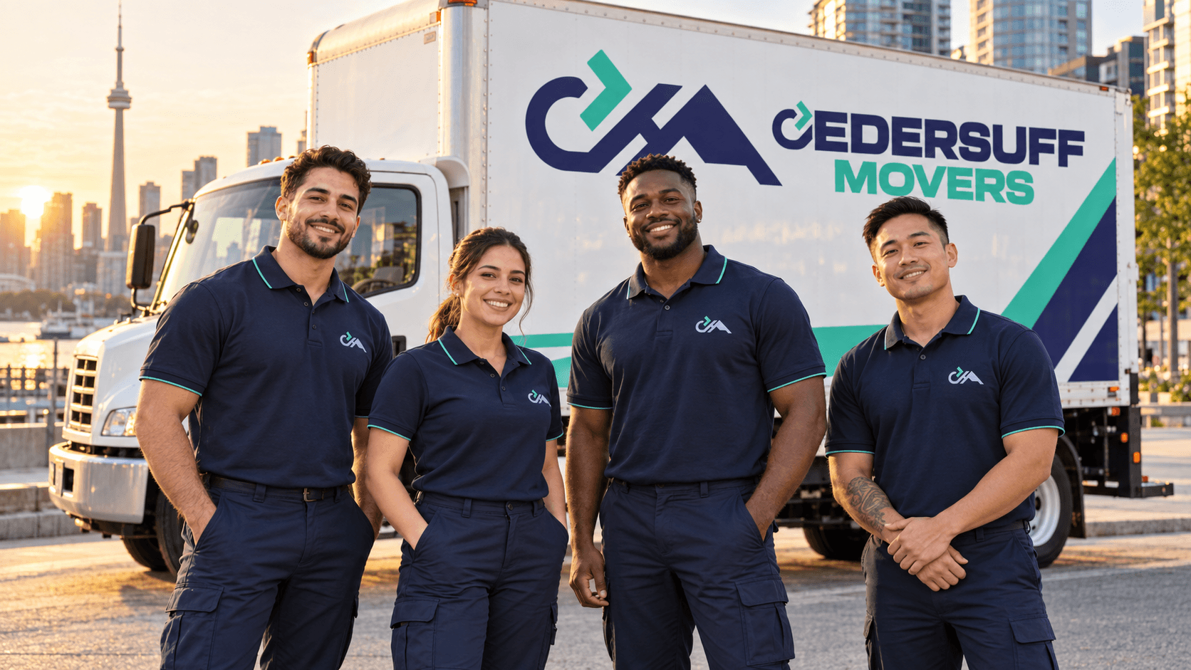 The CEDERSUFF moving team standing in front of the branded truck in Toronto